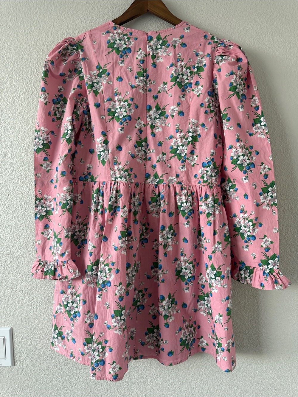 Batsheva Collarless Prairie Mini Dress Pink Lily Floral Cotton Puff Sleeve 18 - Picture 7 of 16